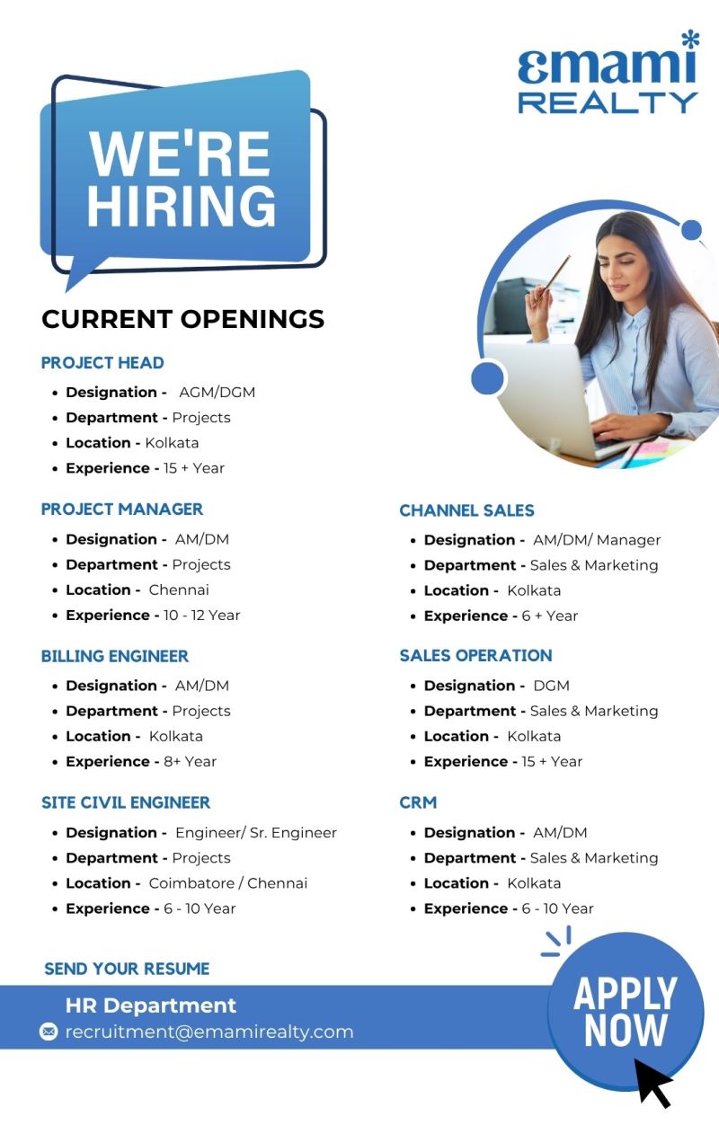 Multiple job openings at Emami Realty for project and sales positions