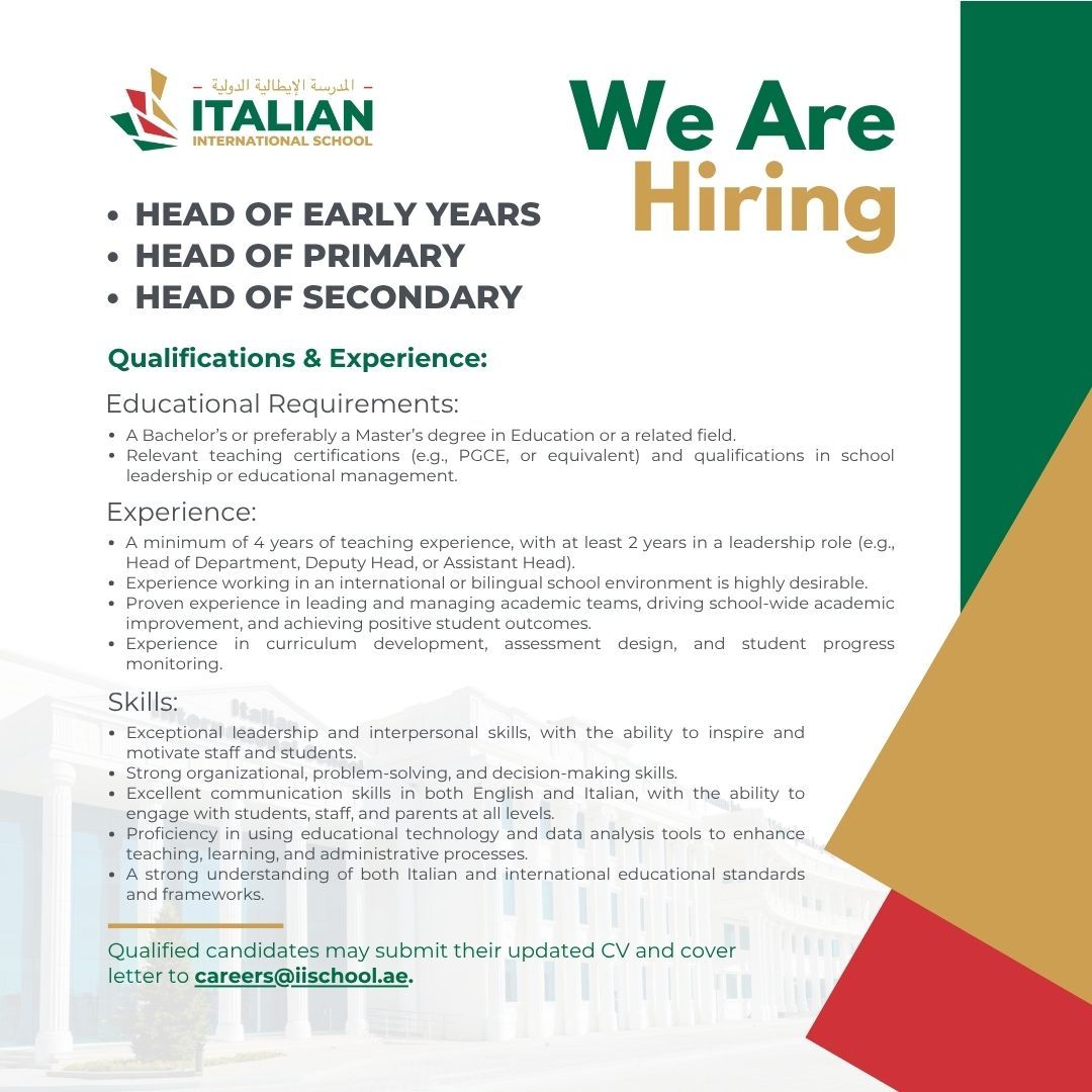 Italian International School Hiring 2025: Head Teacher Jobs UAE