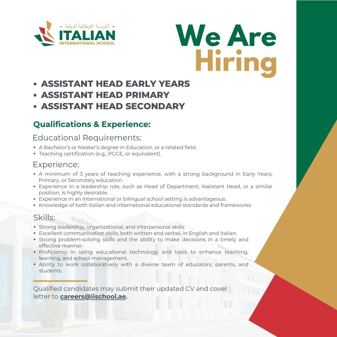 🌟 Italian International School Hiring 2025: 6+ Head & Assistant Head Teacher Jobs in Abu Dhabi