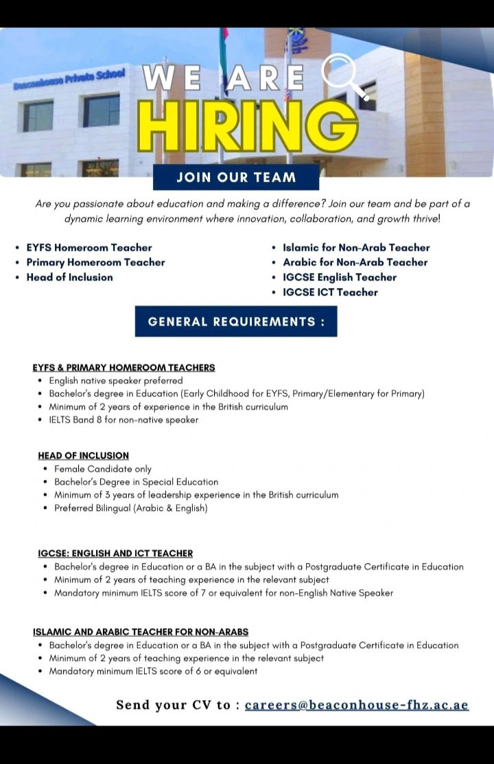 📢 Urgent Hiring | Beaconhouse Private School teacher job openings in UAE 2025