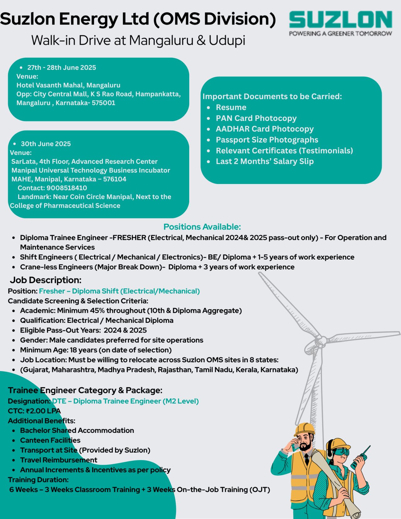 π Suzlon Energy Walk-In Drive Karnataka June 27β30, 2025 for Diploma Engineers