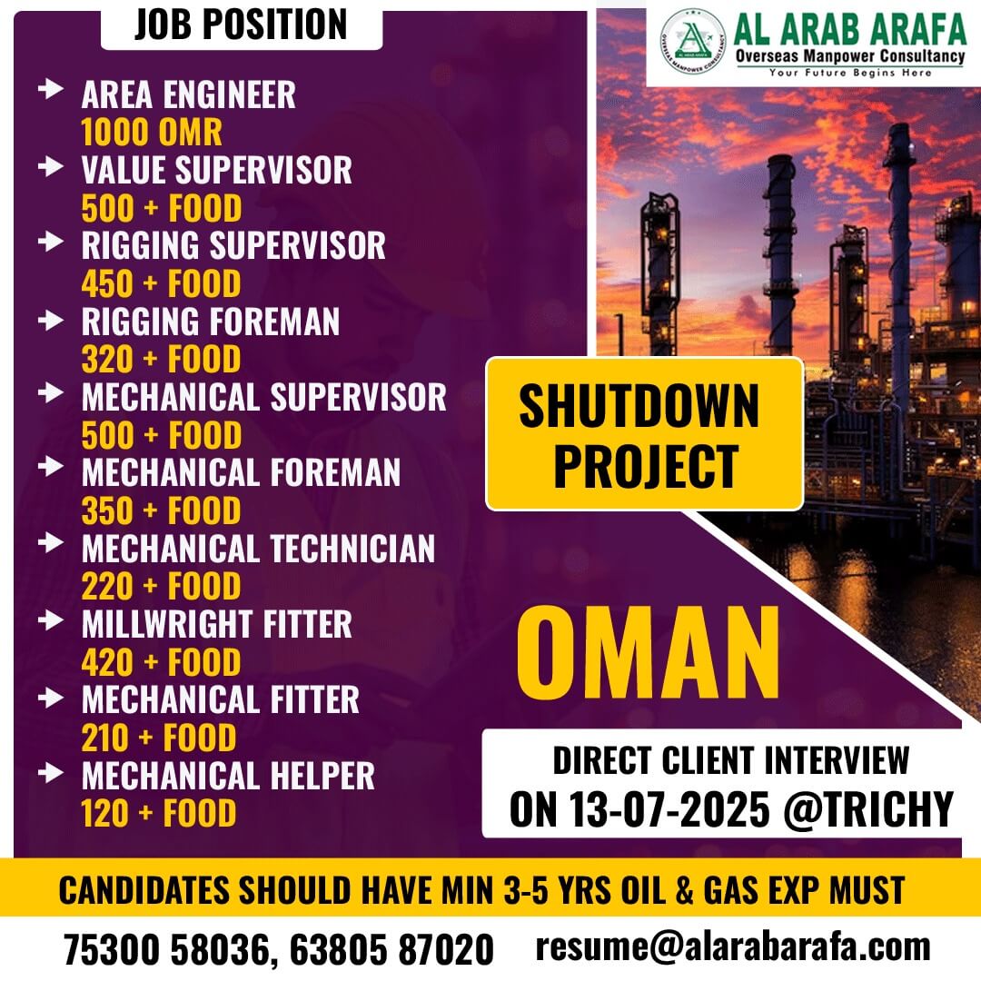 Exciting Al Arab Arafa Oman Shutdown Project Oil and Gas Jobs Interview on 13th July 2025 at Trichy