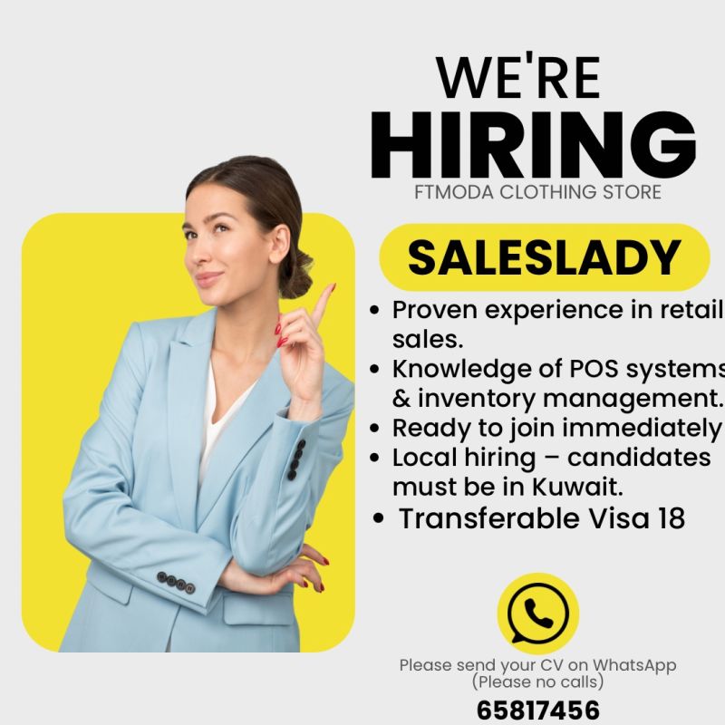 Saleslady Jobs in Kuwait for FTMODA Clothing Store with Visa 18 Requirement
