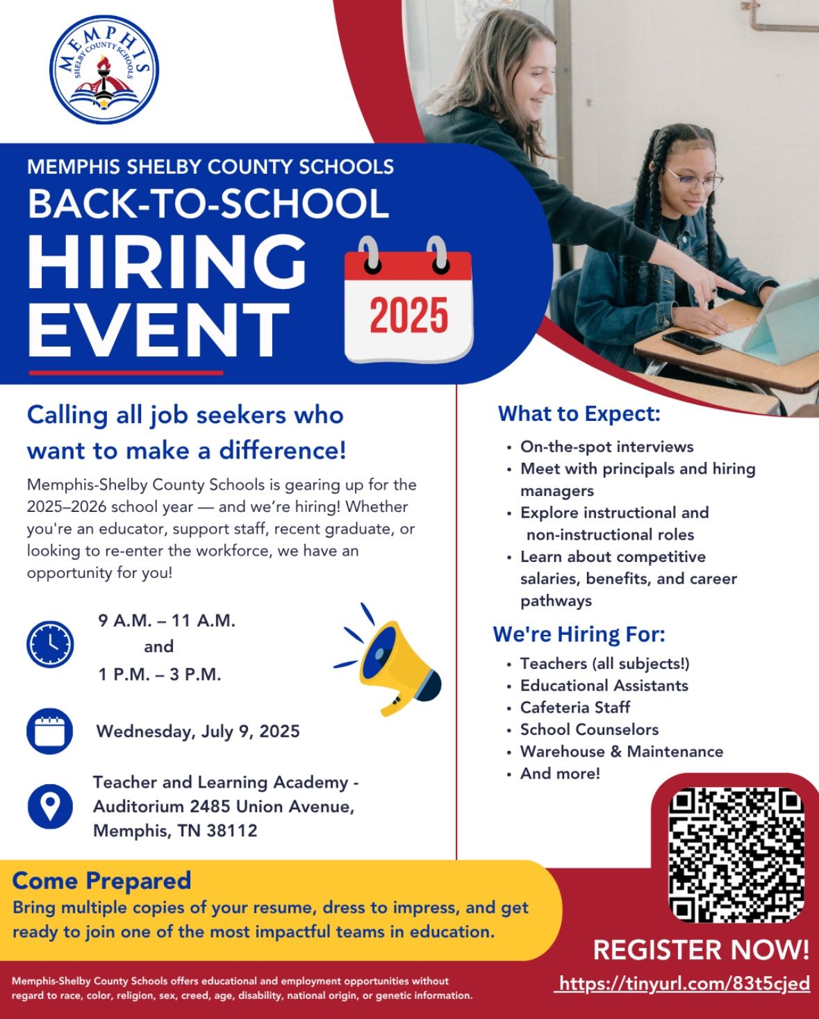 ๐ Memphis-Shelby County Schools Back-To-School Hiring Event 2025 on July 9 in Memphis