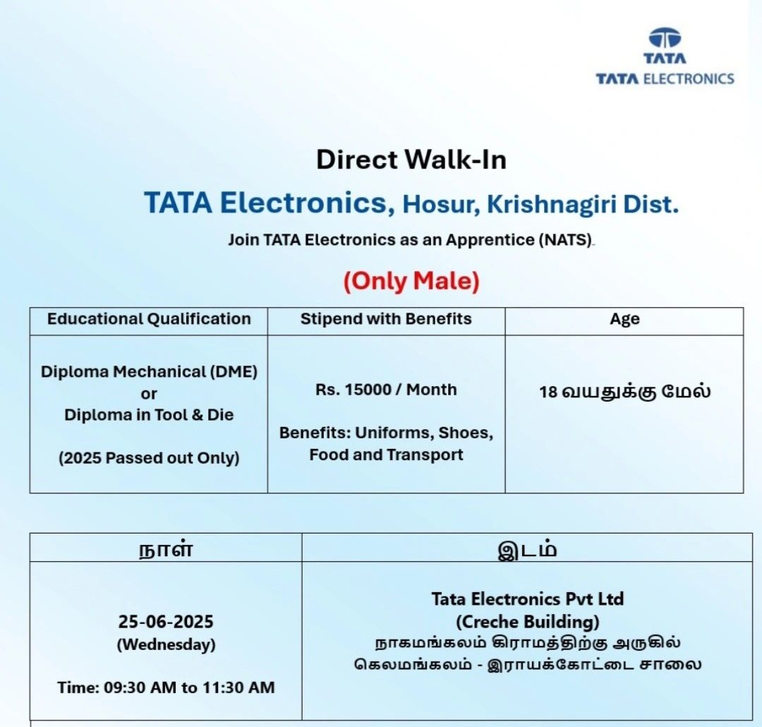 🎯 Excellent Apprentice Job Opportunity at TATA Electronics – 25 June 2025