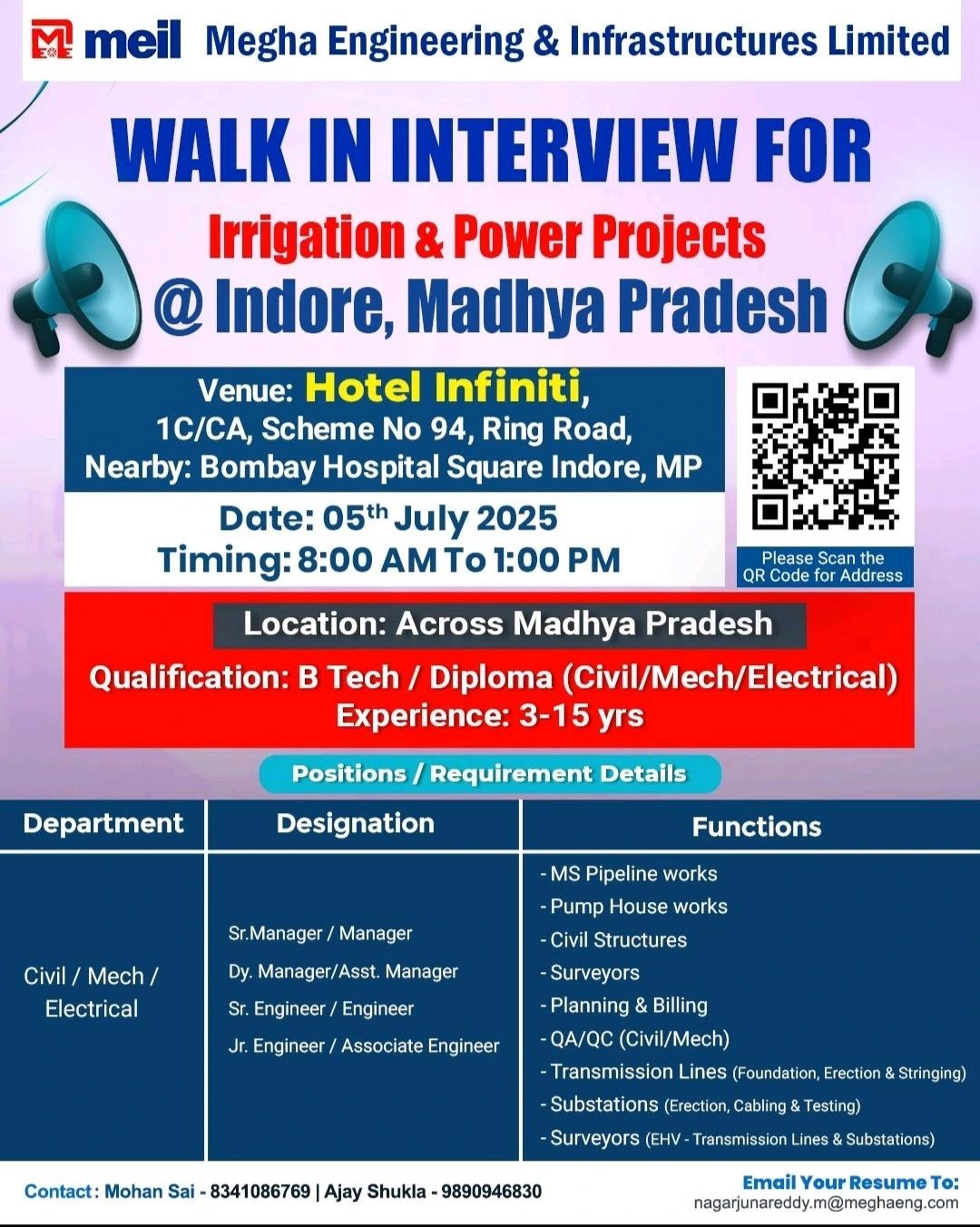 π Megha Engineering Walk-in Interview Jobs 2025 on July 5 in Madhya Pradesh