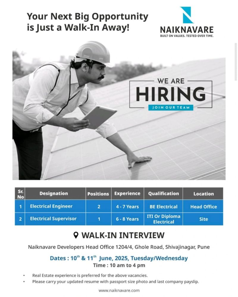 π Electrical Engineer and Supervisor Walk-In Interview Pune 2025 β Naiknavare Developers