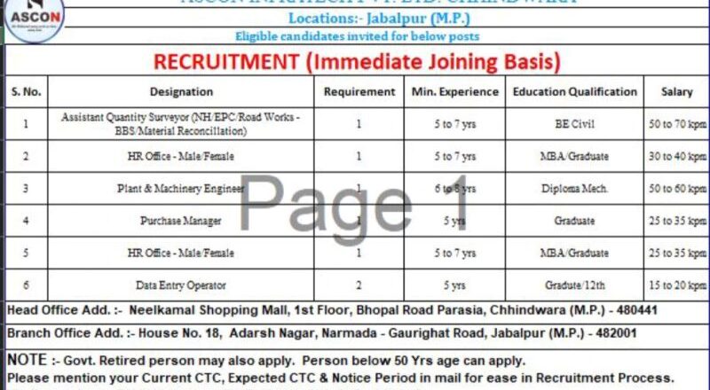 📢 Exciting ASCON Infratech Job Vacancies in Jabalpur for Immediate Joining 2025