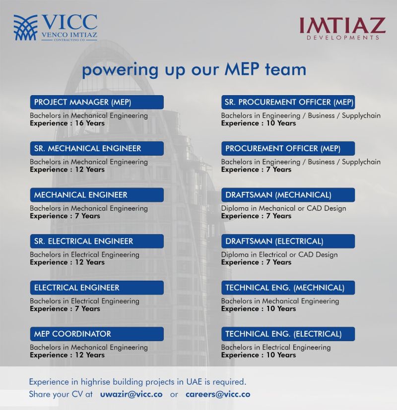 ✅ Top Hiring Alert: VICC UAE Hiring for 14 MEP Roles with Highrise Experience 2025