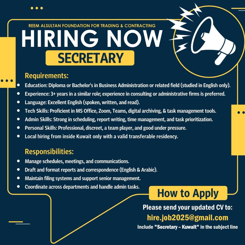 π’ Reem Alsultan Foundation for Trading & Contracting Secretary Job in Kuwait 2025