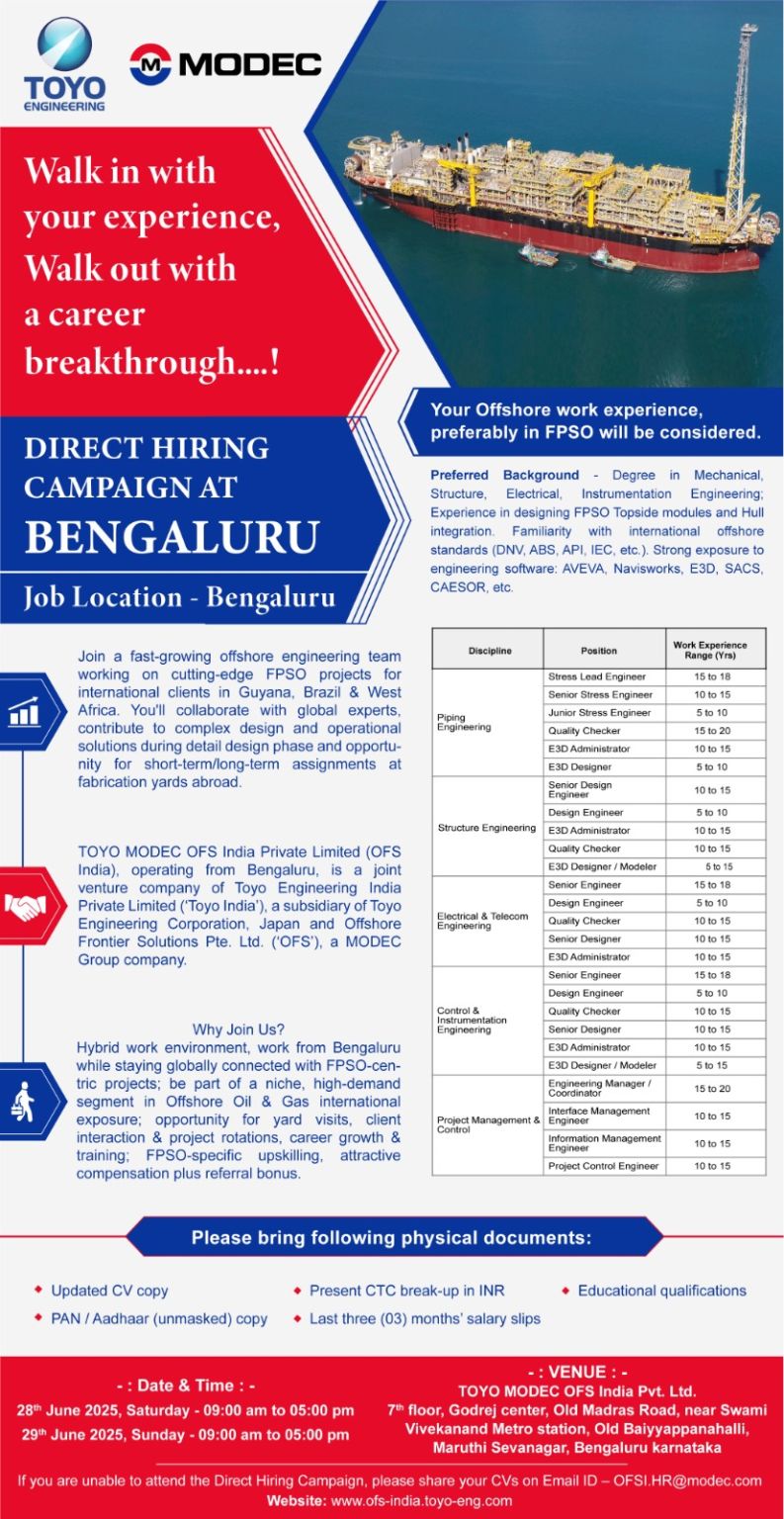 🚢 TOYO MODEC Bengaluru Direct Hiring Campaign for Offshore Engineers 2025