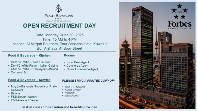 π Thriving Four Seasons Kuwait Open Recruitment Day Jobs 2025 (June 30)