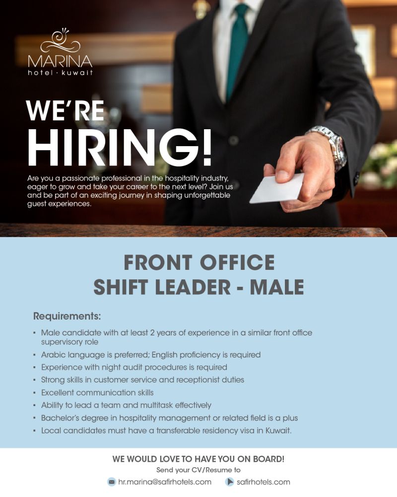 🏨 Exclusive Front Office Shift Leader Job at Marina Hotel Kuwait 2025