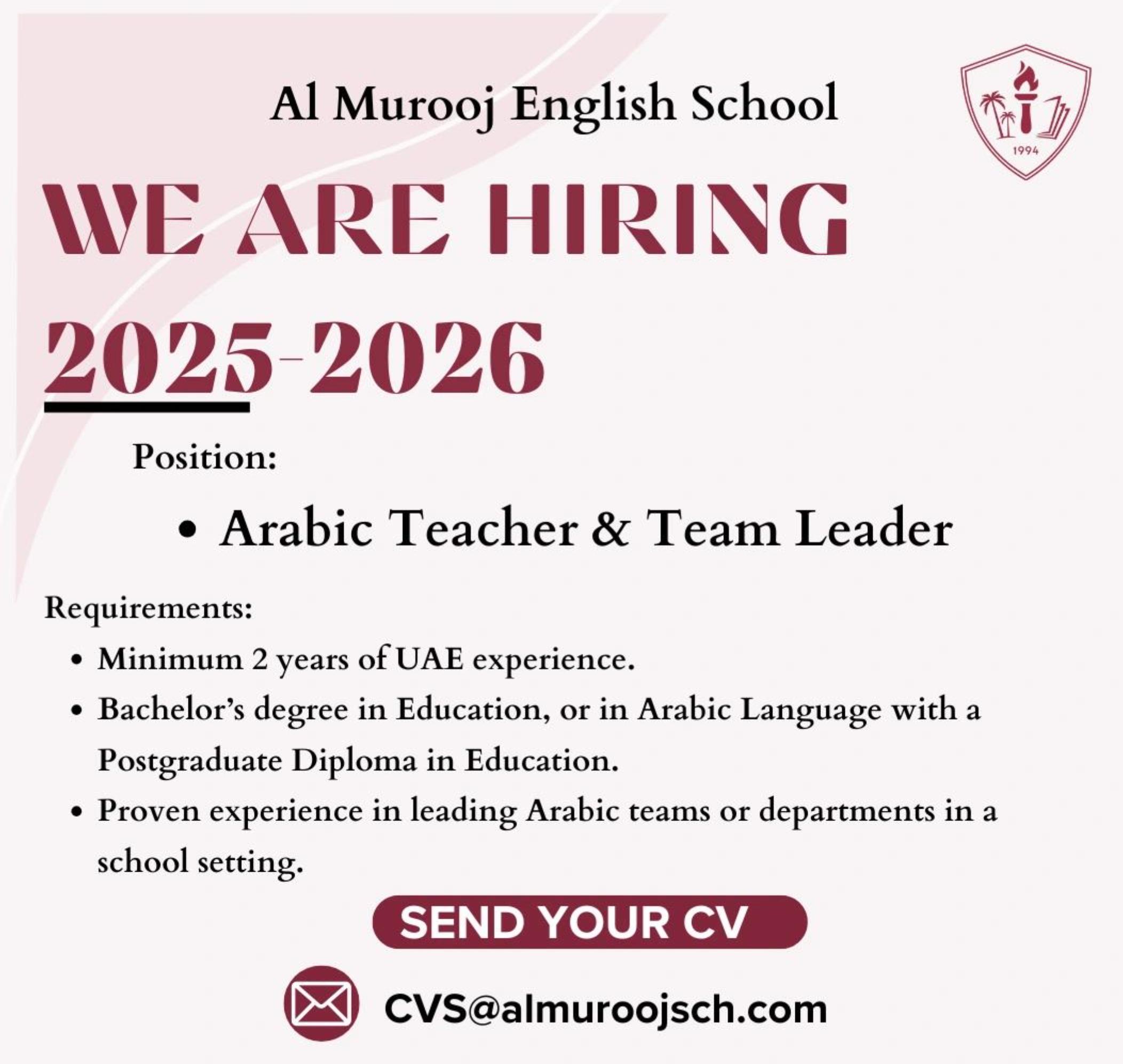 Top Gulf Job Vacancies 2025 – Al Murooj Arabic Teacher & Team Leader Roles in UAE | Apply Now