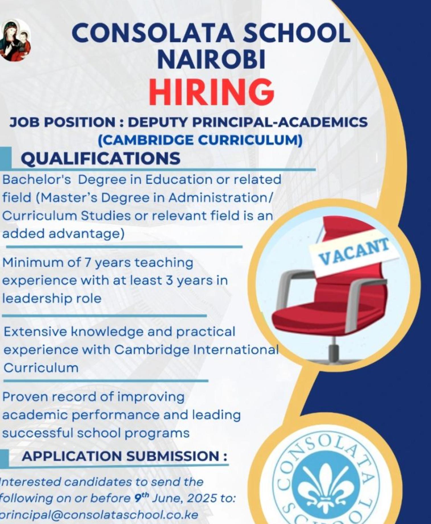 Cambridge Curriculum Jobs Nairobi 2025 – Lead as Deputy Principal at Consolata School | Deadline June 9