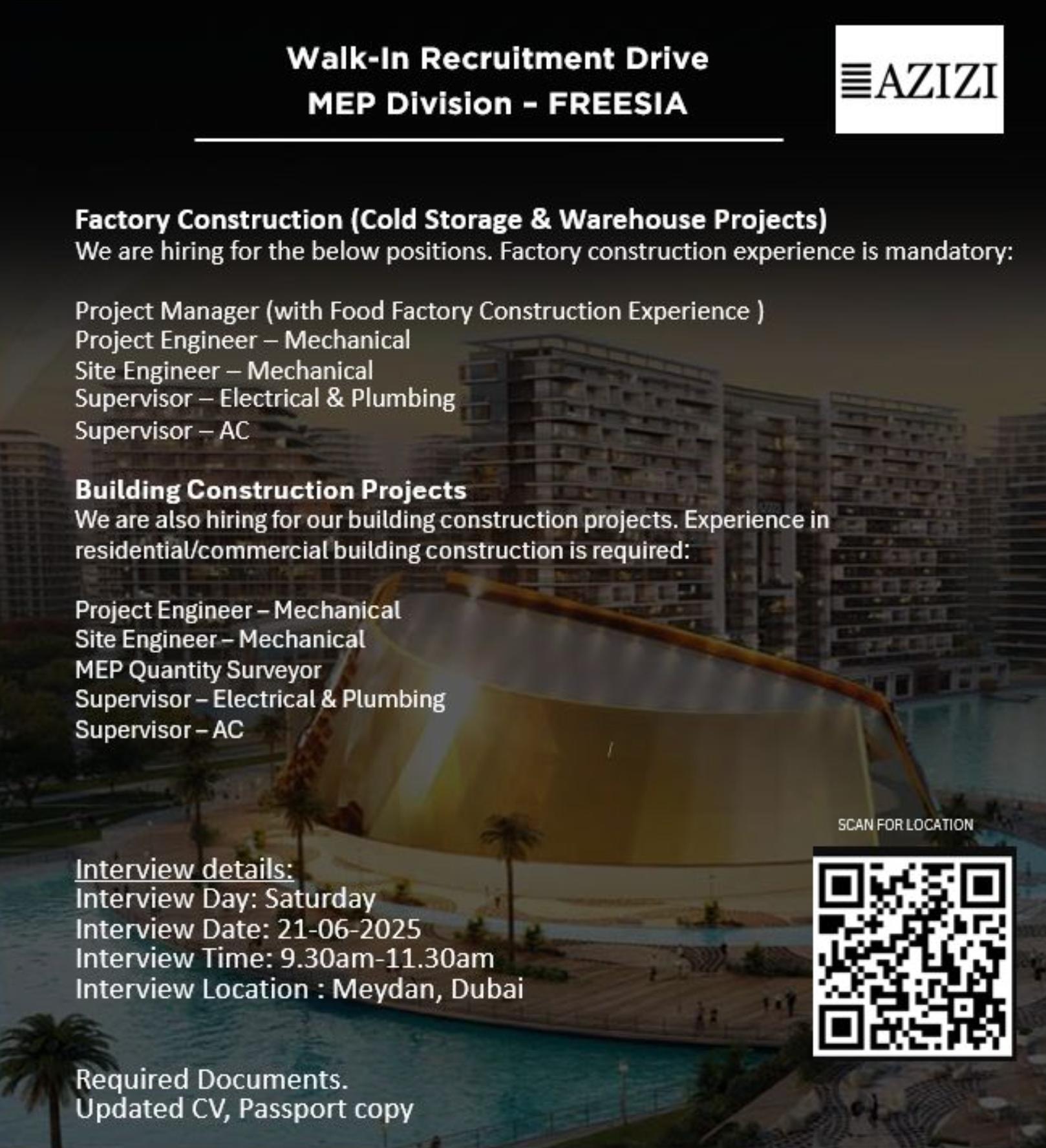 Apply Now Walk In Interviews Abroad – Azizi MEP Division Hiring in Dubai on 21st June 2025