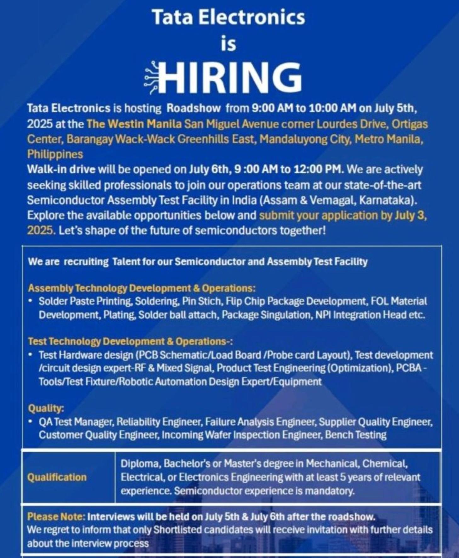 Tata Electronics Jobs 2025 Walkin Drive – High Tech Careers in India Await | July 5