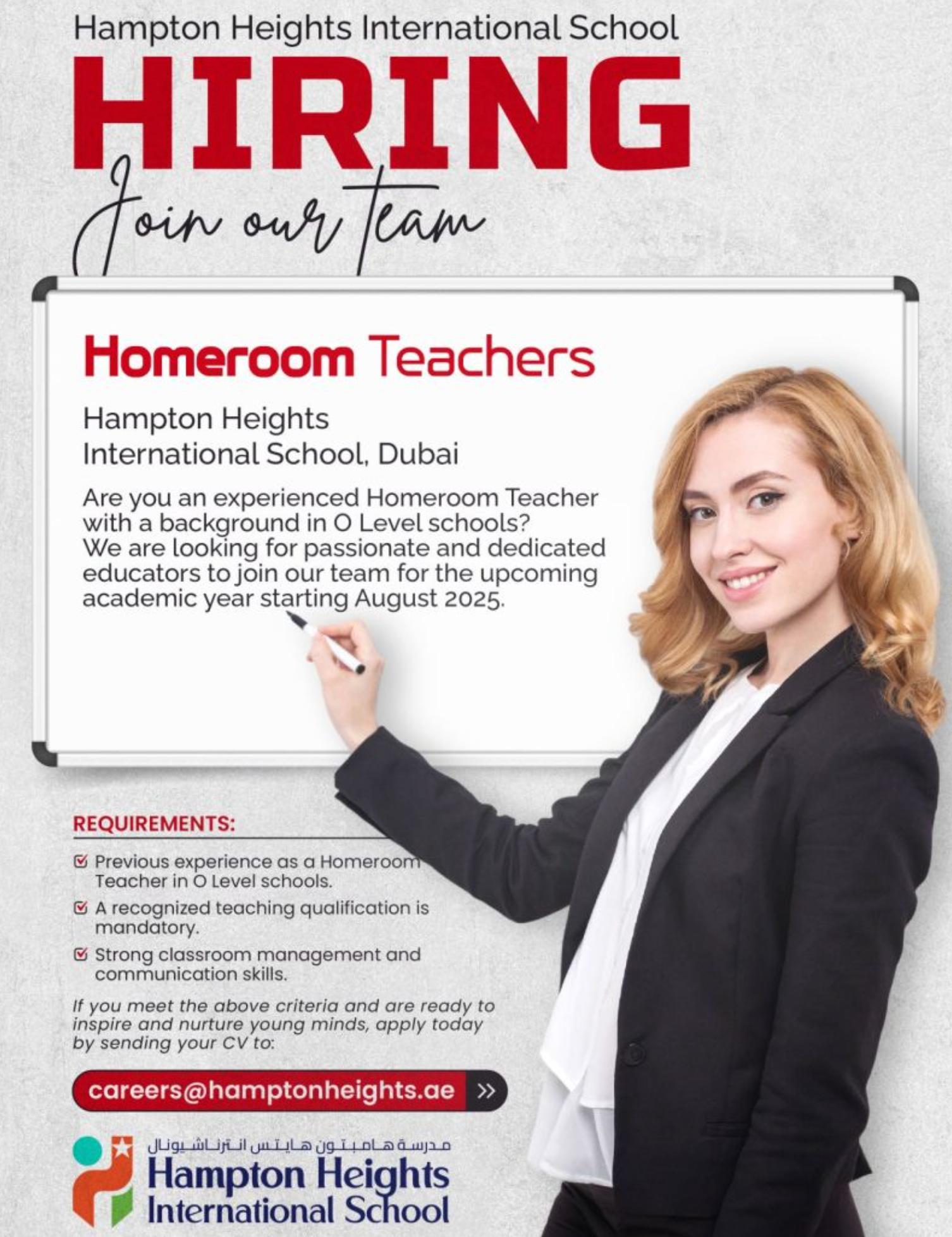 Dubai Employment Opportunity 2025 – Apply Now for Homeroom Teacher at Hampton Heights School