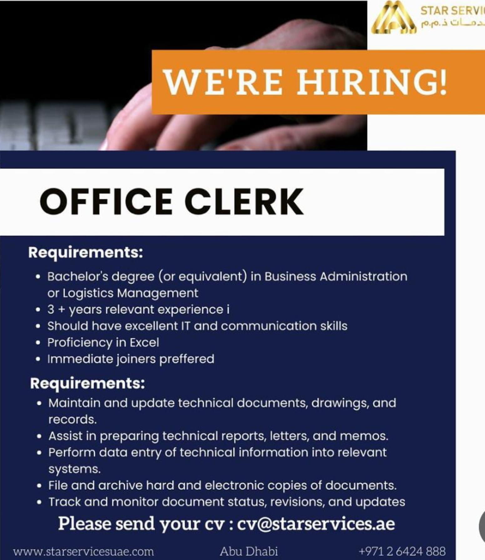 Overseas Job Vacancy Updates 2025: Office Clerk Role in Star Services UAE – Apply Now