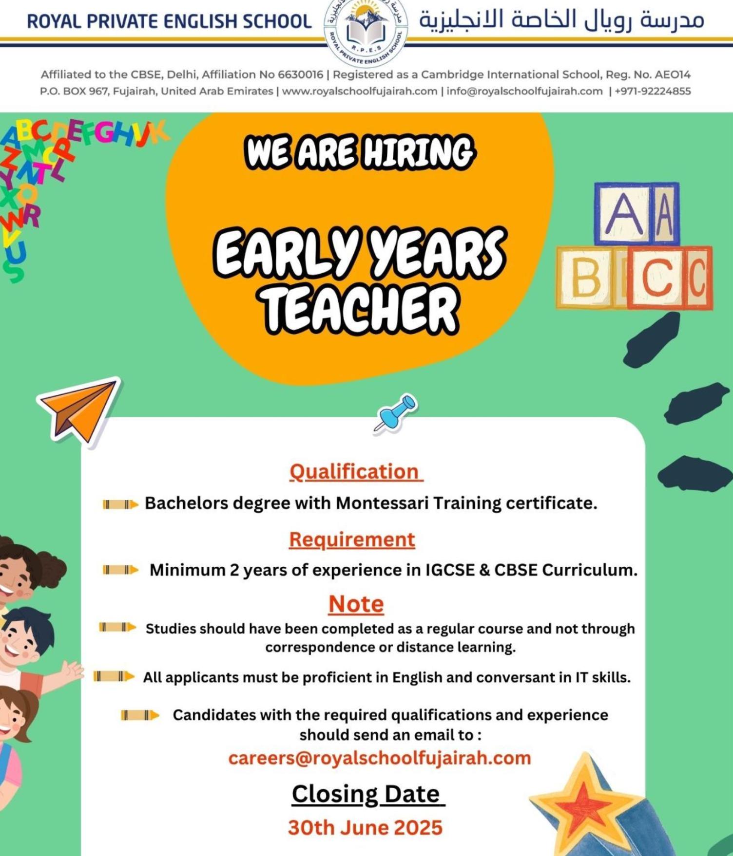 Gulf Job Vacancies – Early Years Teacher at Royal Private English School UAE 2025