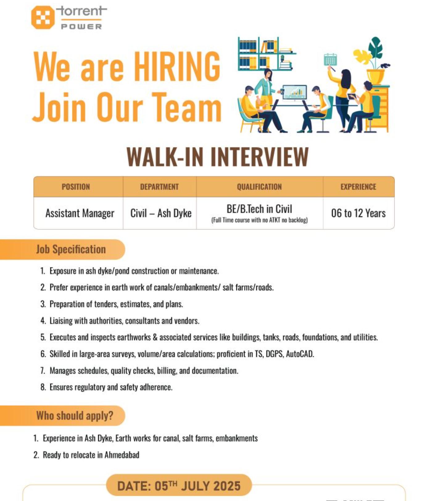 Torrent Power Limited Job Opening – Walk-in Interview for Civil Engineers in Ahmedabad | July 5