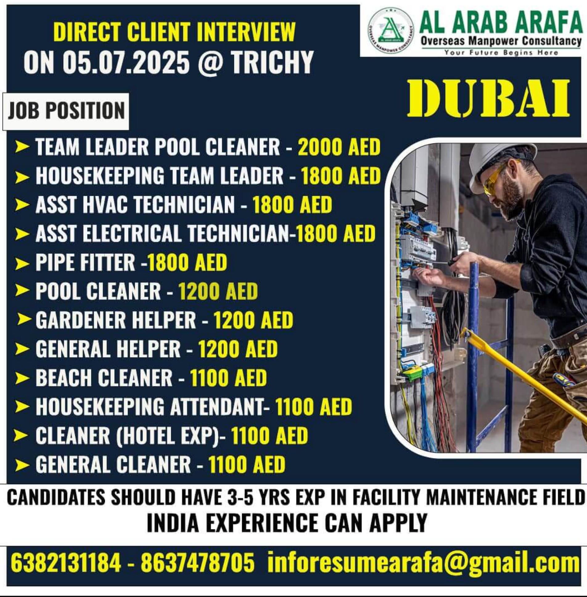 Dubai Employment Opportunity in Facility Maintenance Field | Interview on 5 July in Trichy