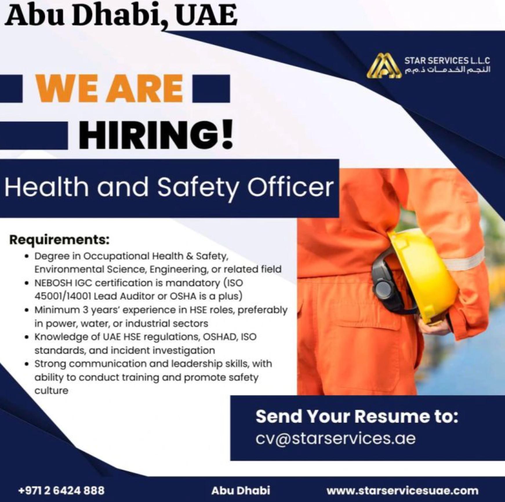 Overseas Job Vacancy Updates 2025: Star Services HSE Officer Opportunities in Abu Dhabi, UAE