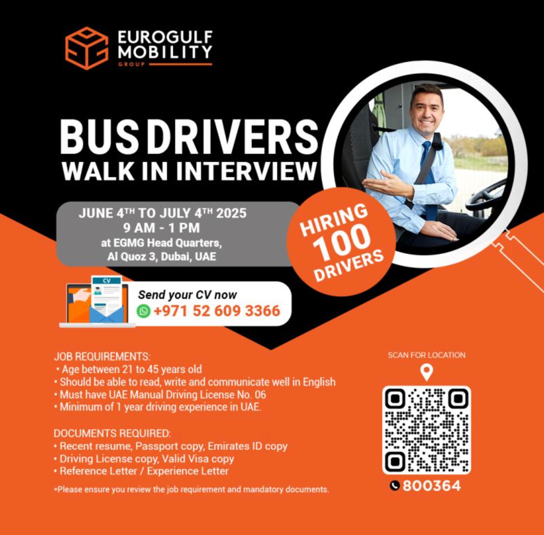 Join Walk in Interviews Abroad Till July 4 – 100 Bus Drivers Needed EGMG Dubai | Apply Now