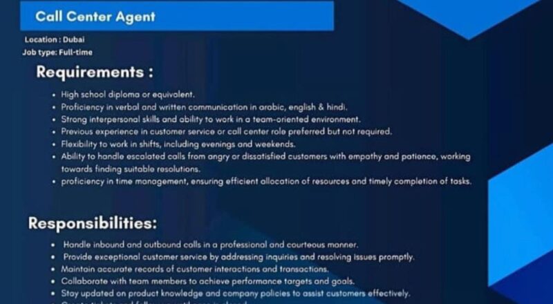 Dubai Employment Opportunity 2025: Call Center Agent Role at Royal Gas – Apply Now