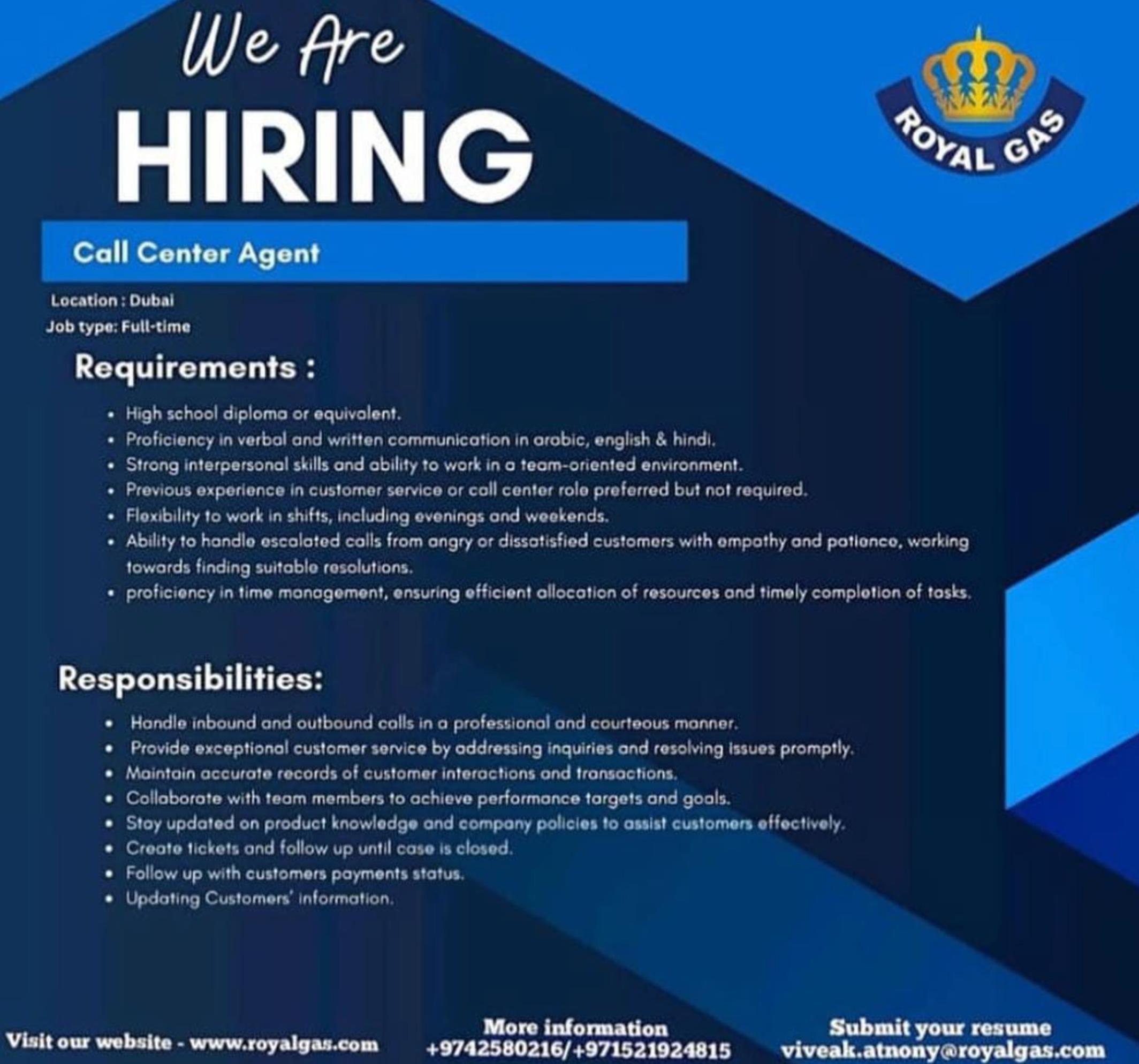 Dubai Employment Opportunity 2025: Call Center Agent Role at Royal Gas – Apply Now
