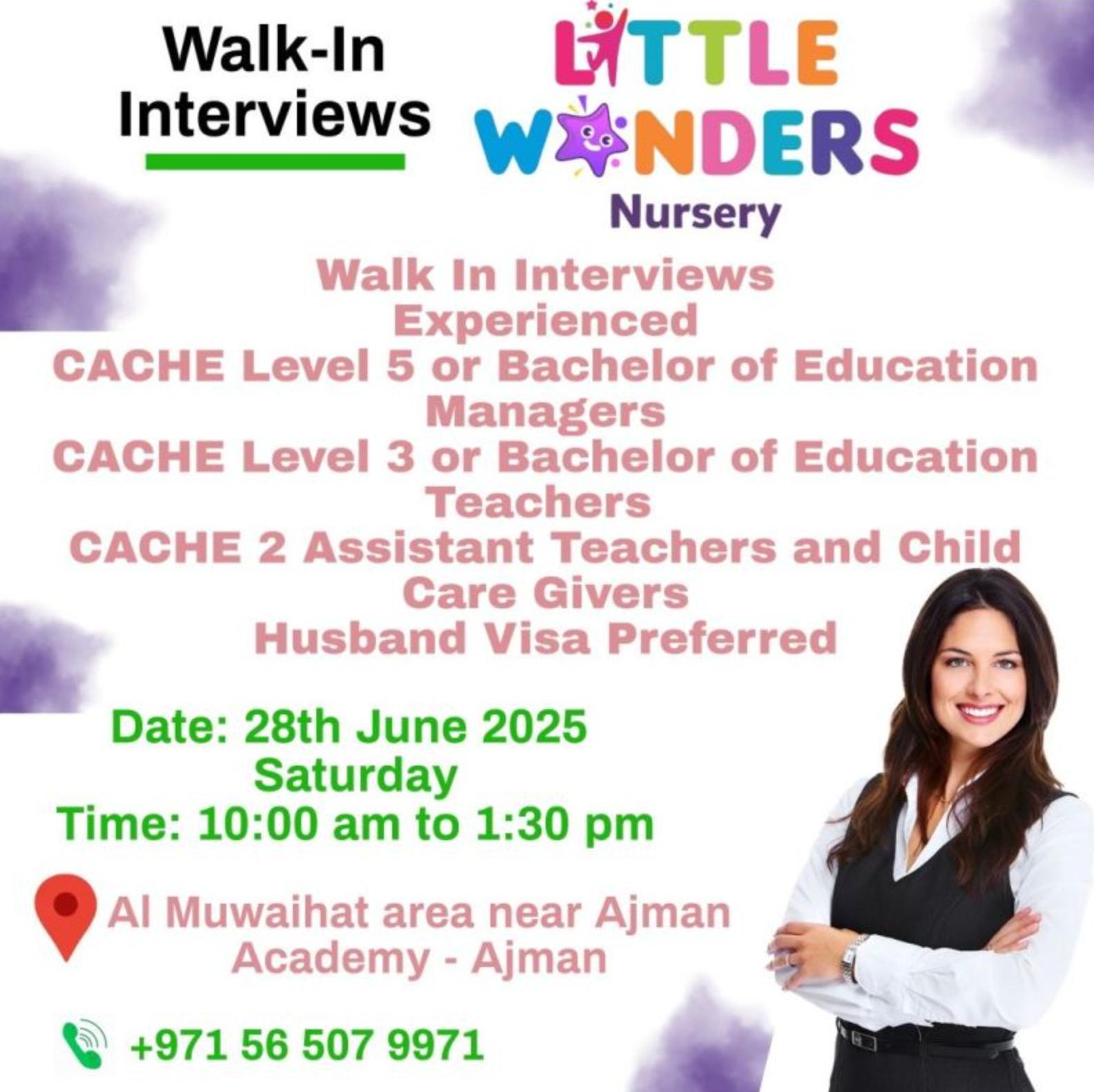 Walk in Interviews Abroad 28th June – Teaching & Caregiver Jobs at Little Wonders Nursery UAE 2025