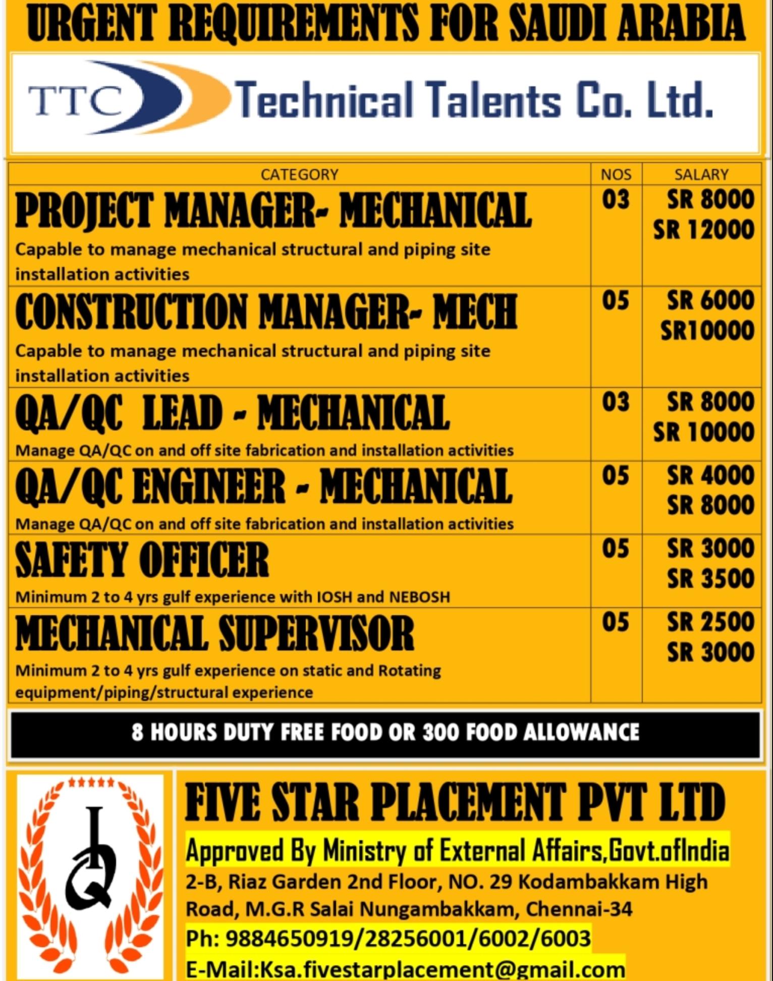 Top Foreign Job Placement Consultants for Saudi Arabia TTC | Walkin Chennai for Mechanical & Safety Jobs 2025