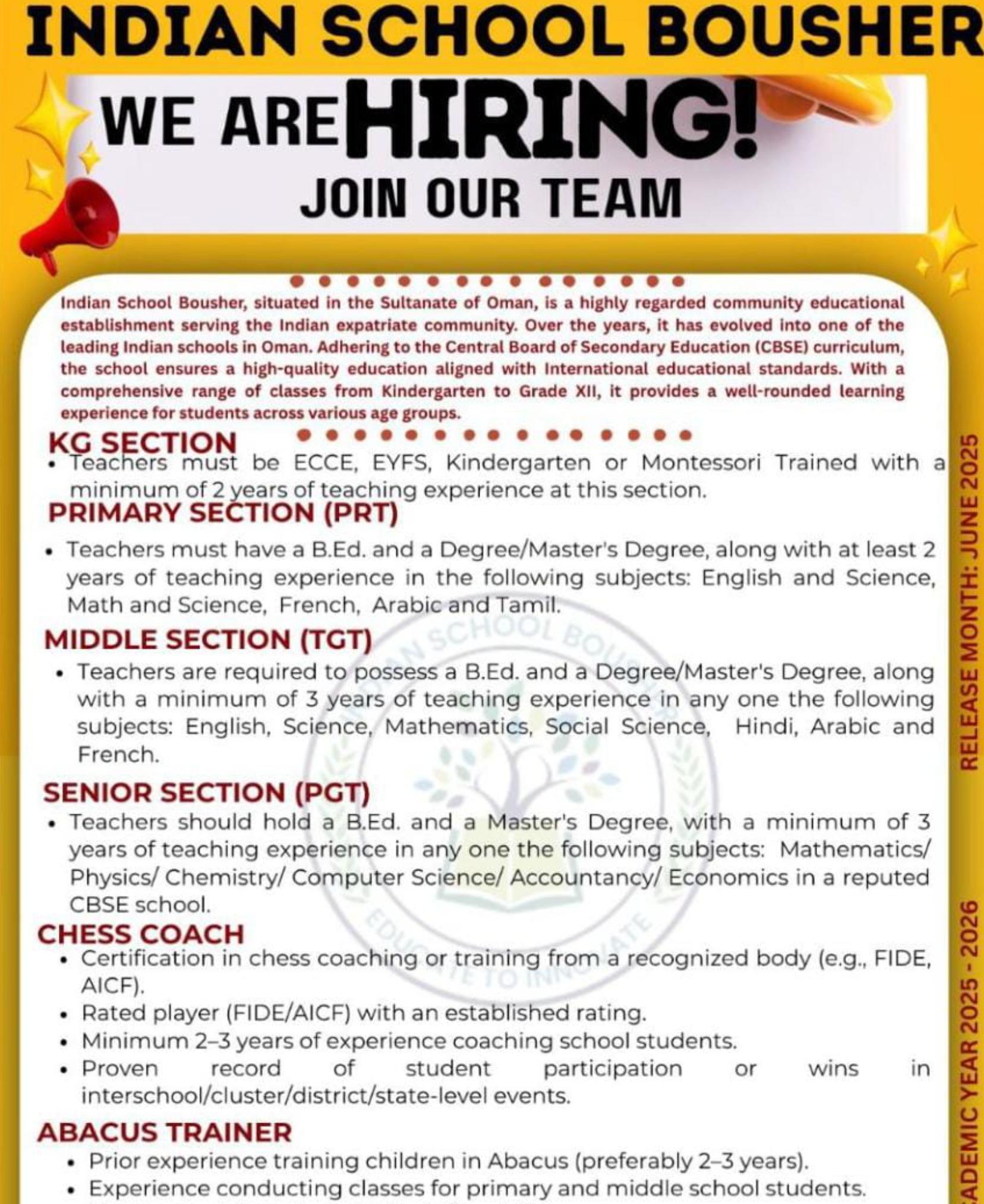 Job Vacancy Alert Services: Indian School Bousher Oman Hiring Teachers for 2025–2026