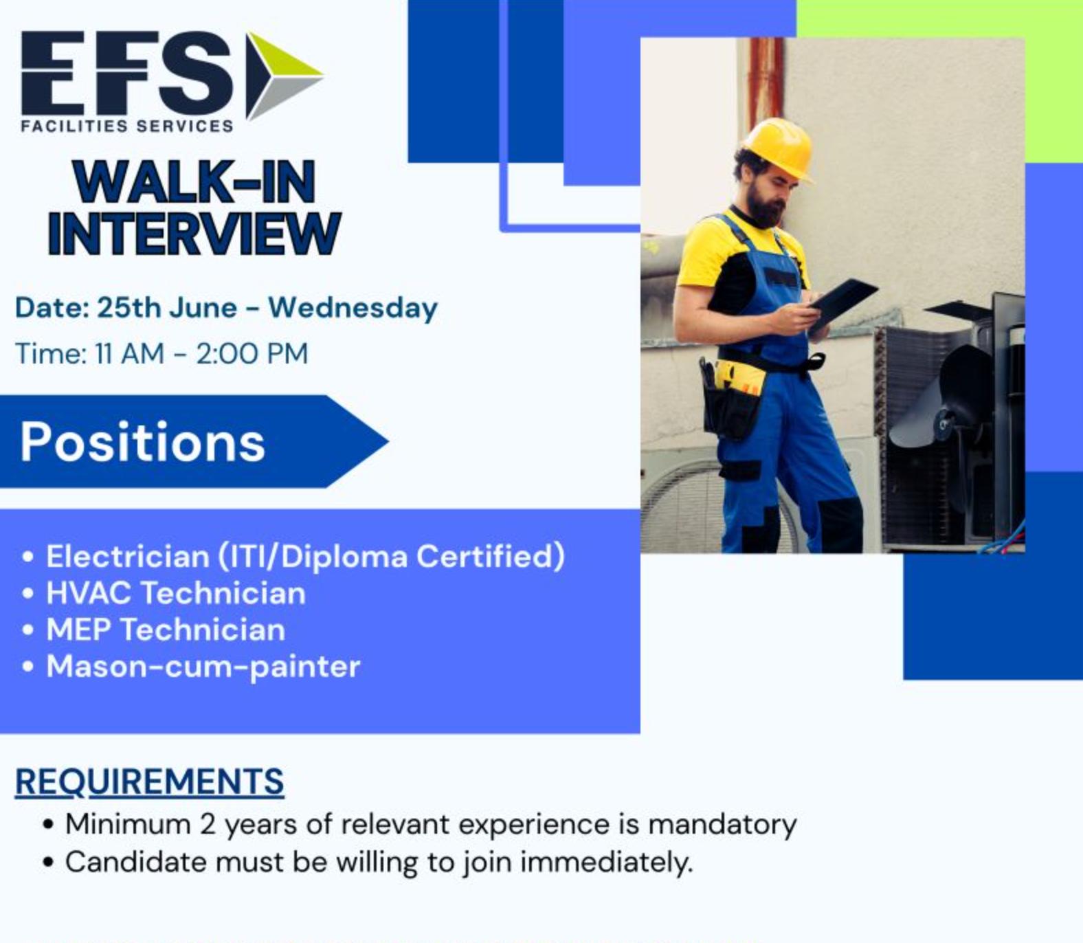 Walk in Interviews Abroad 25th June – Facility Management Jobs in Dubai with EFS | Apply Now