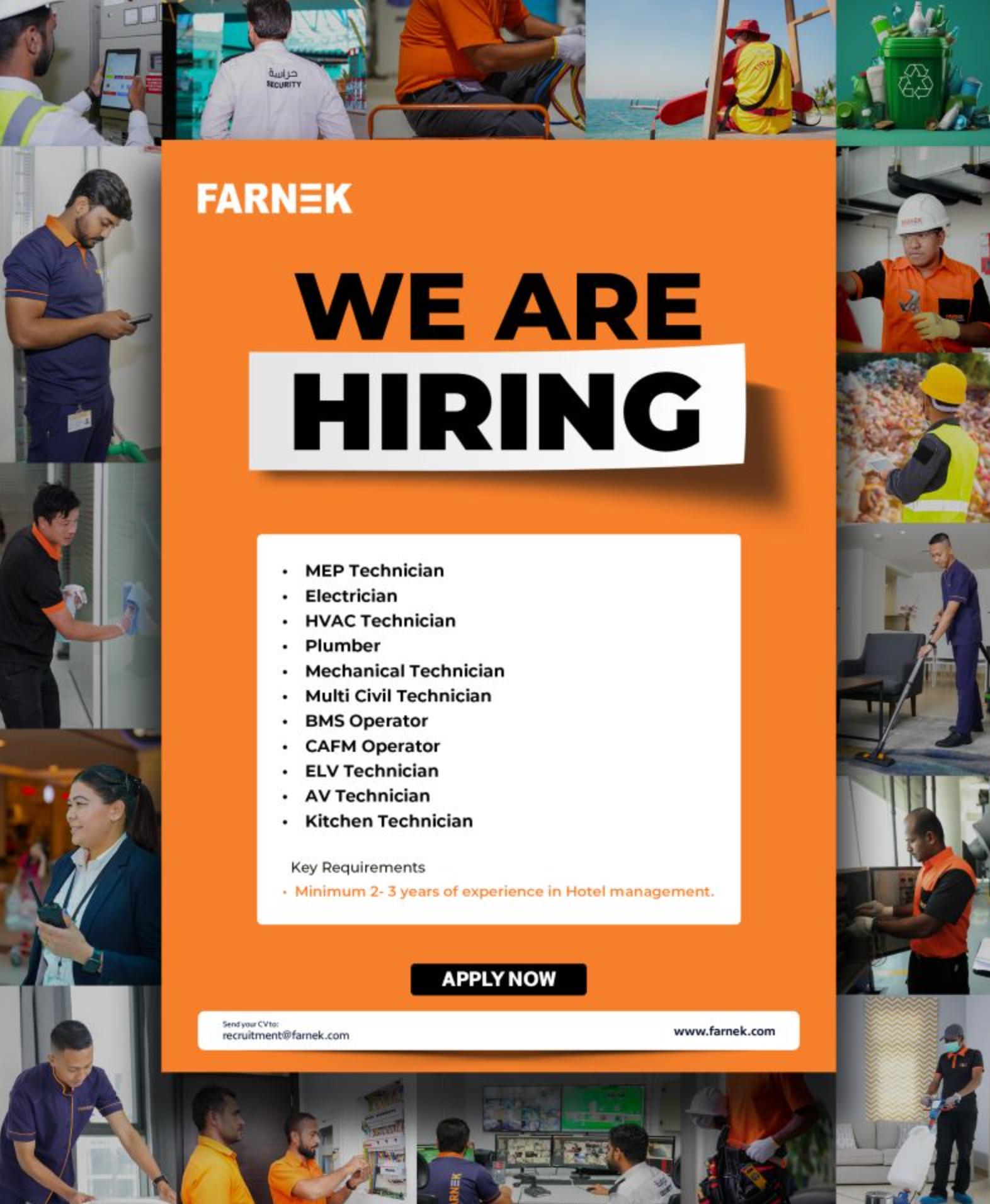 Dubai Employment Opportunity in Facility Management | FARNEK Technician Jobs 2025