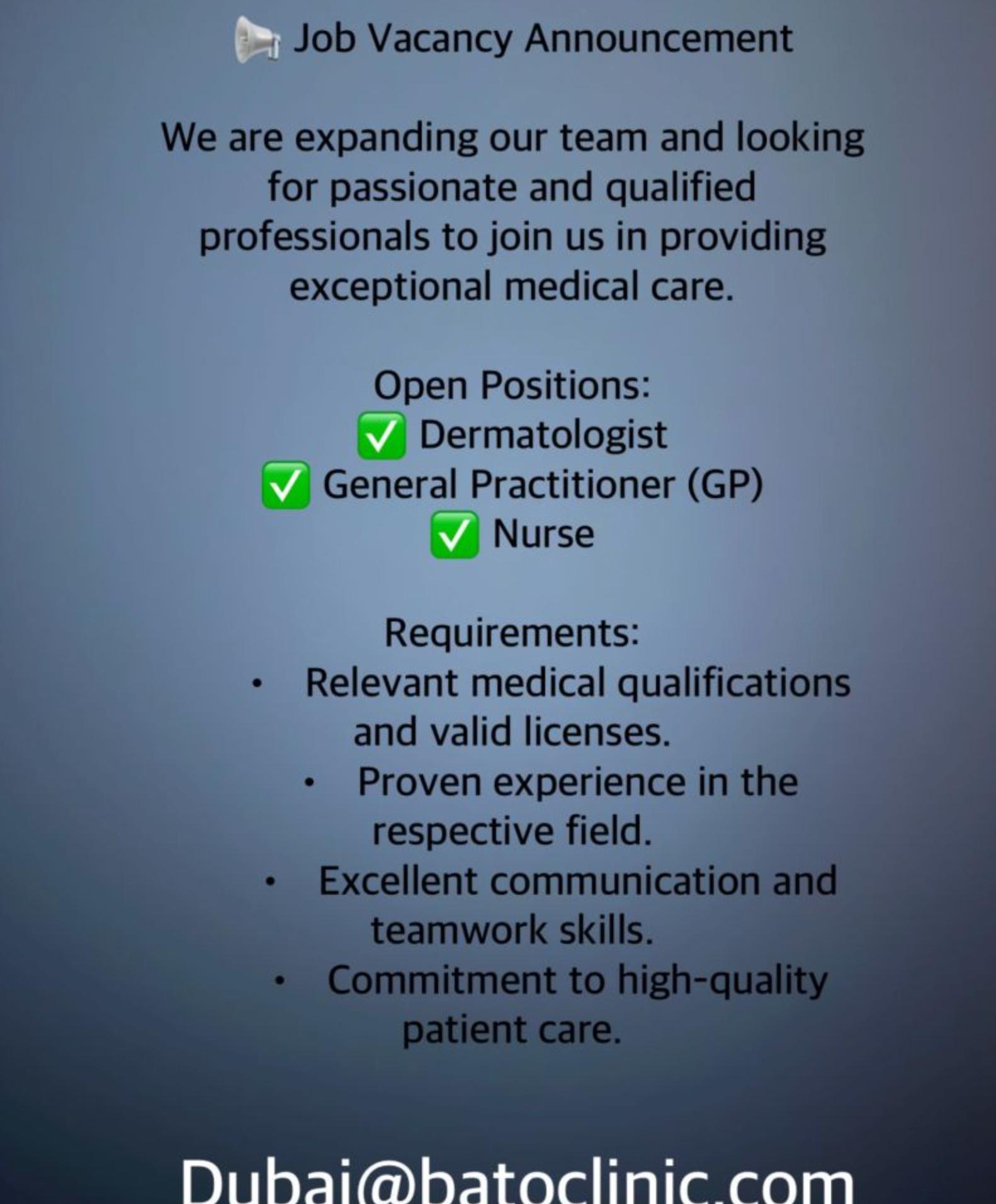 Dubai Employment Opportunity 2025: Join Bato Clinic’s Expanding Medical Team | Apply Now