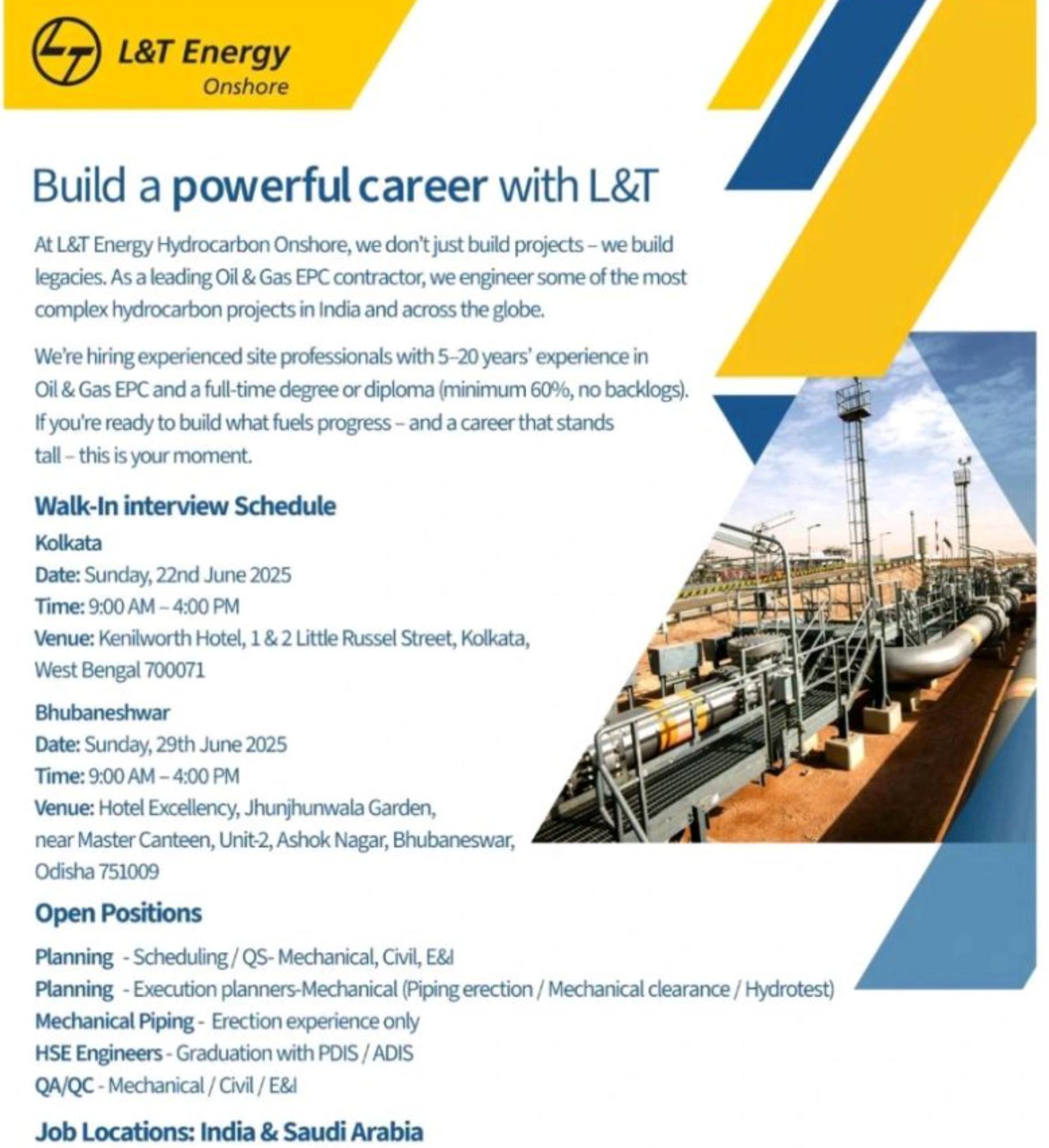 Apply Now Oil and Gas Jobs in India: L&T Hydrocarbon Careers Interview Alert! June 22 & 29