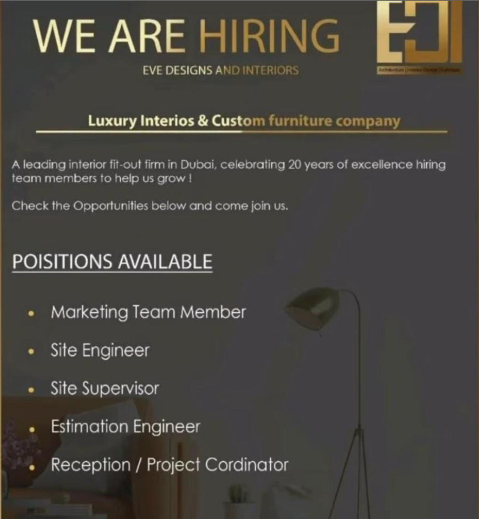 Gulf Job Vacancies at Eve Designs Dubai 2025 – Interior Fit Out & Engineering Roles | Apply Now