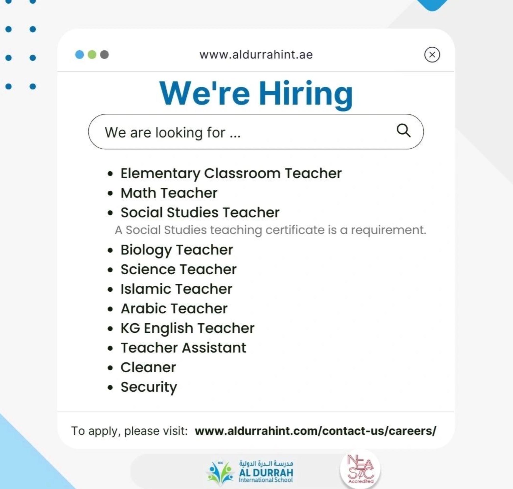 Overseas Job Vacancy Updates 2025: Join Teaching Jobs in Sharjah with Al Durrah School | Apply Now