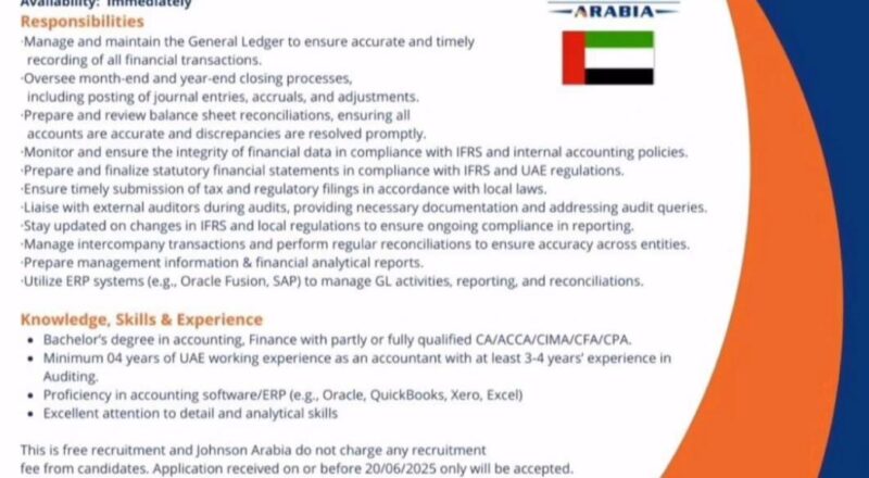 Top Dubai Employment Opportunity for Accountants at Johnson Arabia – Apply By 20 June