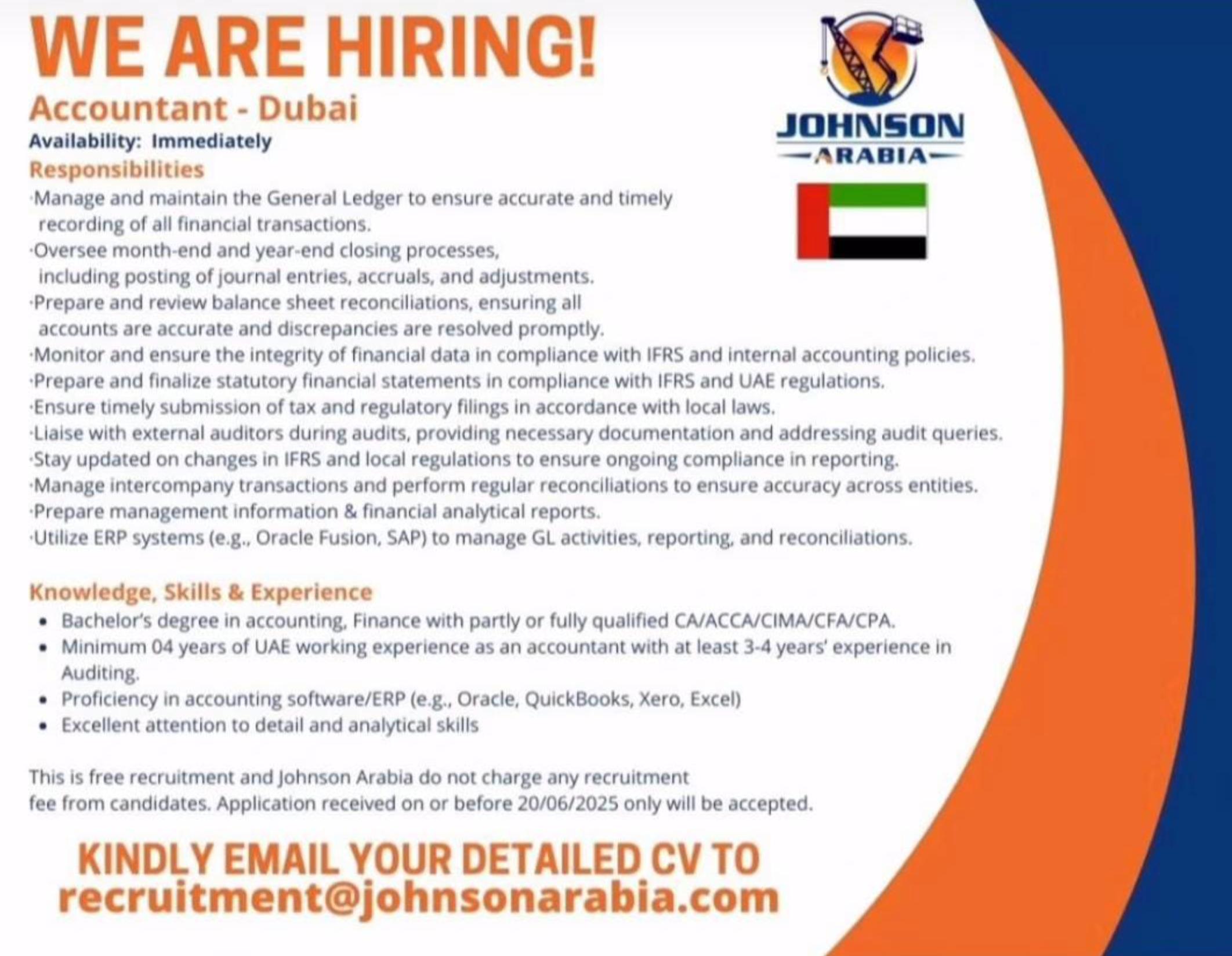 Top Dubai Employment Opportunity for Accountants at Johnson Arabia – Apply By 20 June