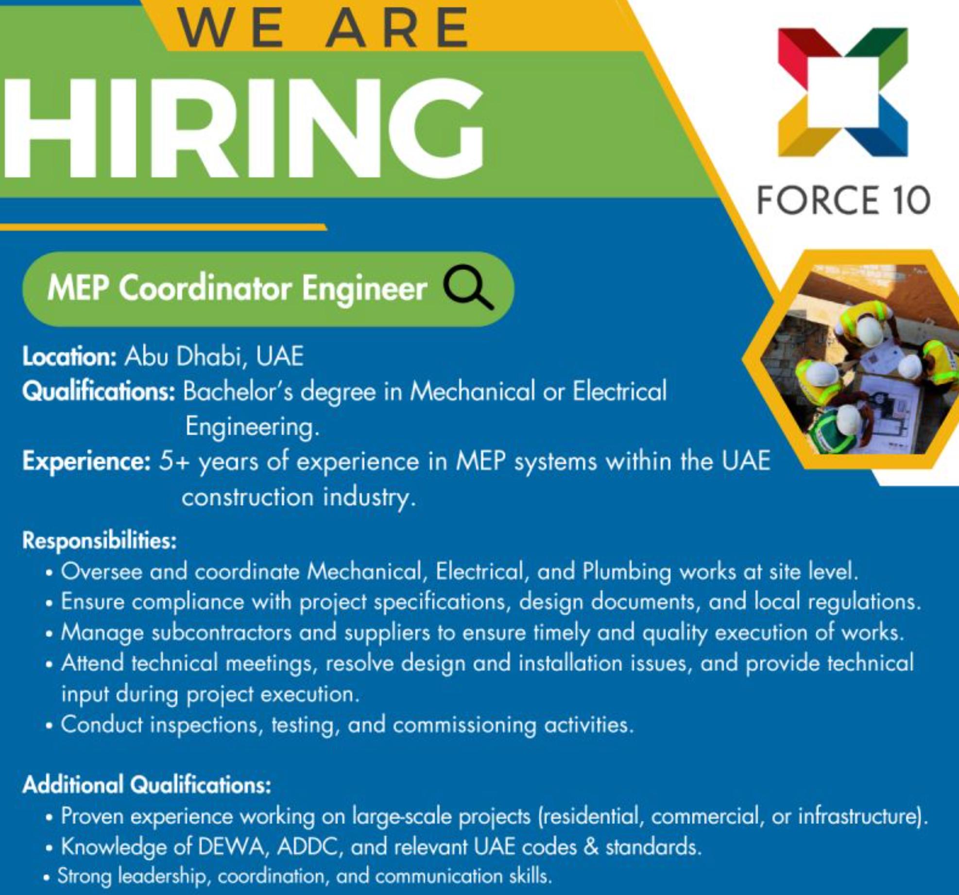 Overseas Job Vacancy Updates 2025 – Force 10 UAE Hiring MEP Coordinator Engineer Now