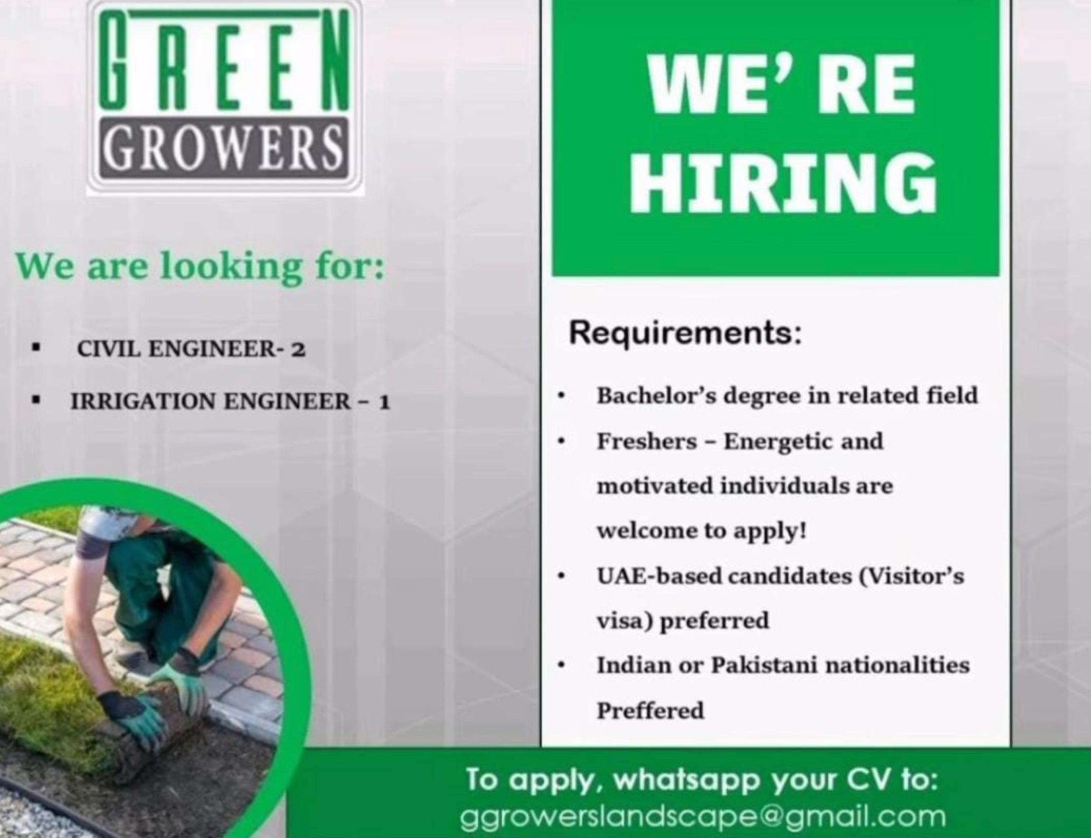 Dubai Employment Opportunity: Green Growers Civil & Irrigation Engineer Jobs 2025