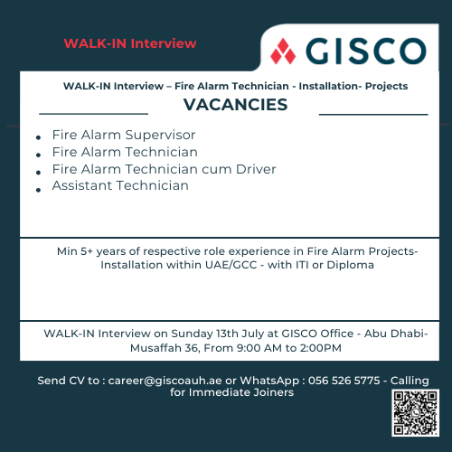 🔥 Excellent GISCO Fire Alarm Technician Job Vacancies in Abu Dhabi – Walk-In on July 13, 2025
