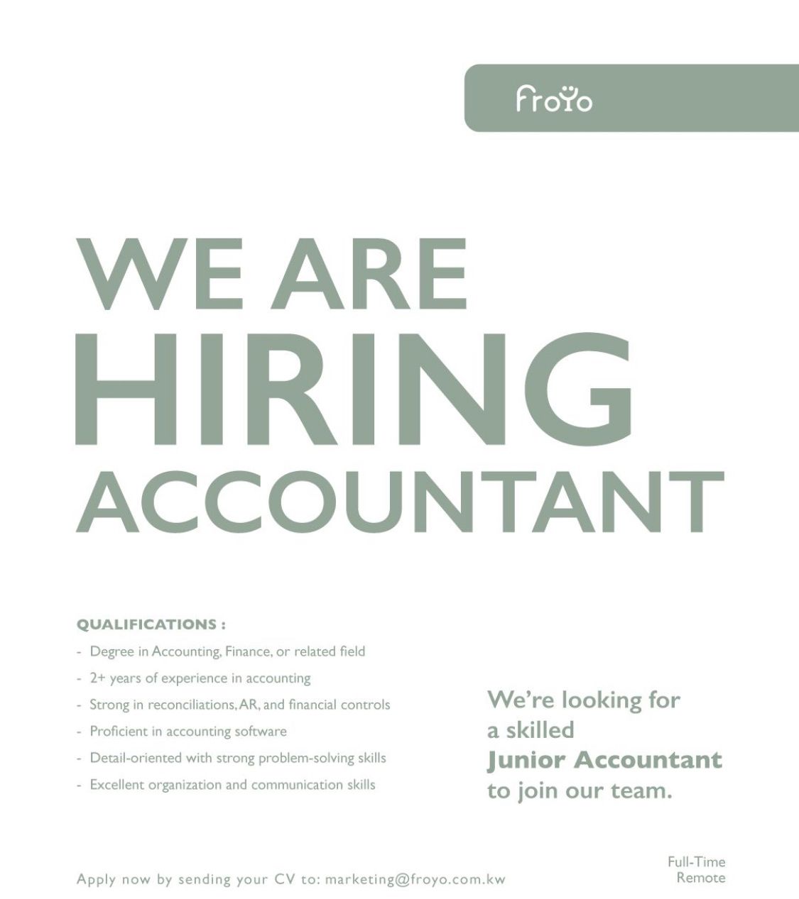 ๐ Froyo Junior Accountant Job Vacancy โ Remote Full-Time Hiring 2025