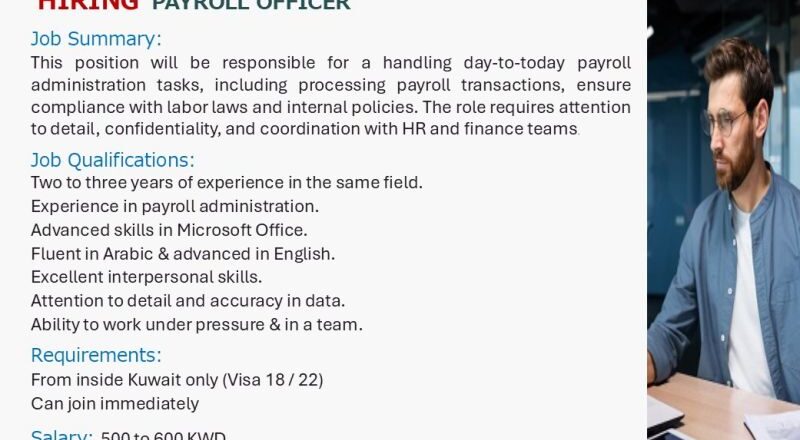 📍 The Creations Company Hiring Payroll Officer in Kuwait – July 2025