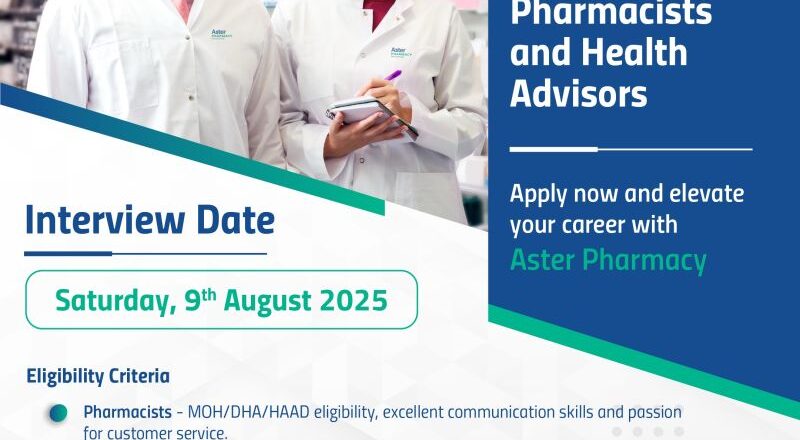 🌟 Amazing Aster Pharmacy Pharmacist and Health Advisor Vacancy UAE – Interview on 9th August 2025