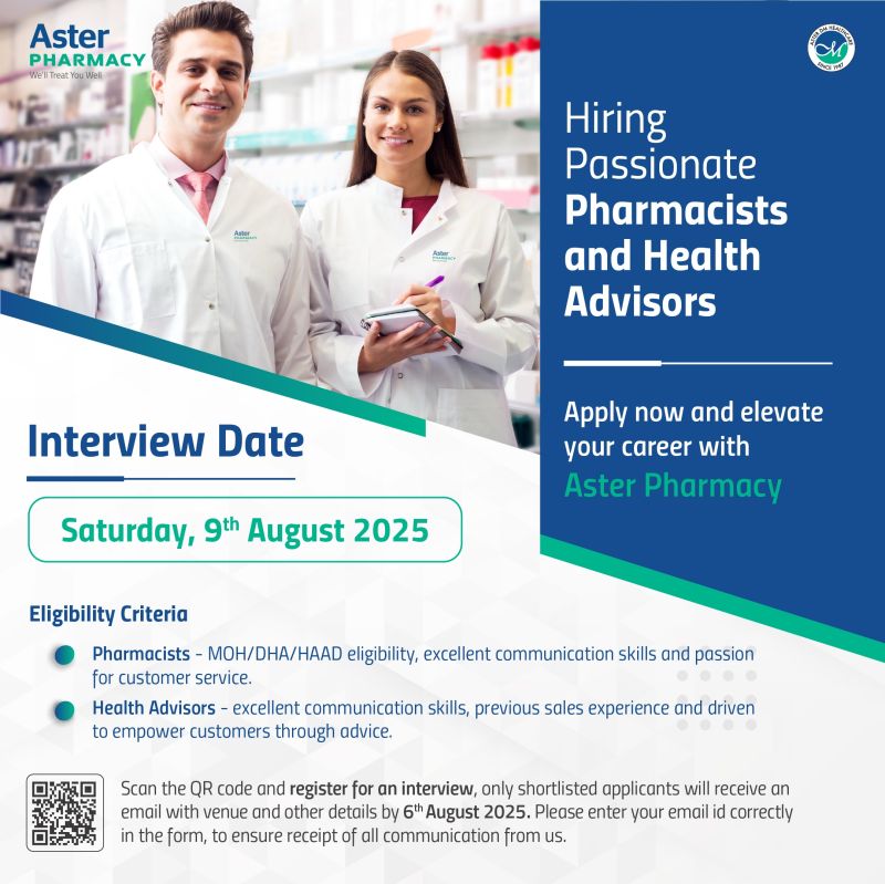 🌟 Amazing Aster Pharmacy Pharmacist and Health Advisor Vacancy UAE – Interview on 9th August 2025
