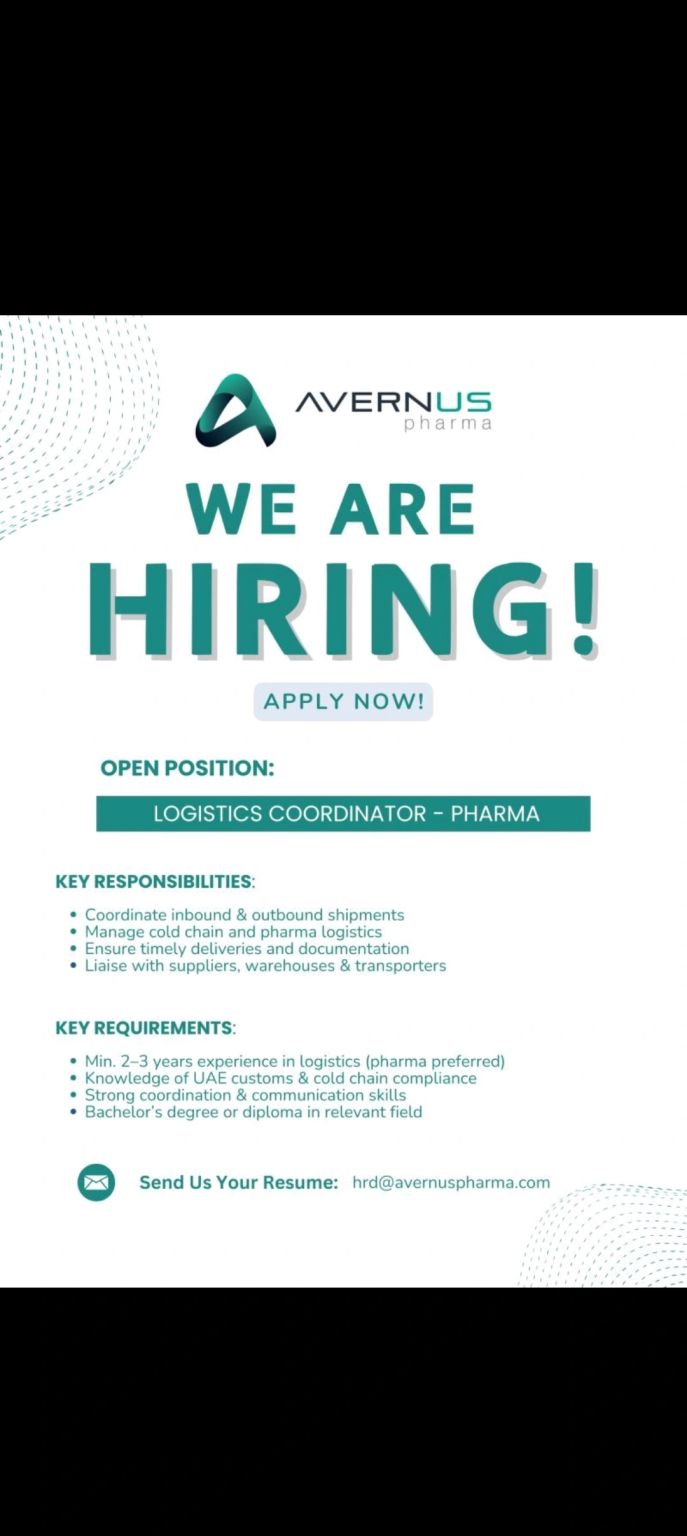 πΌ Amazing Avernus Pharma Logistics Coordinator Job Vacancy in UAE β Apply Now