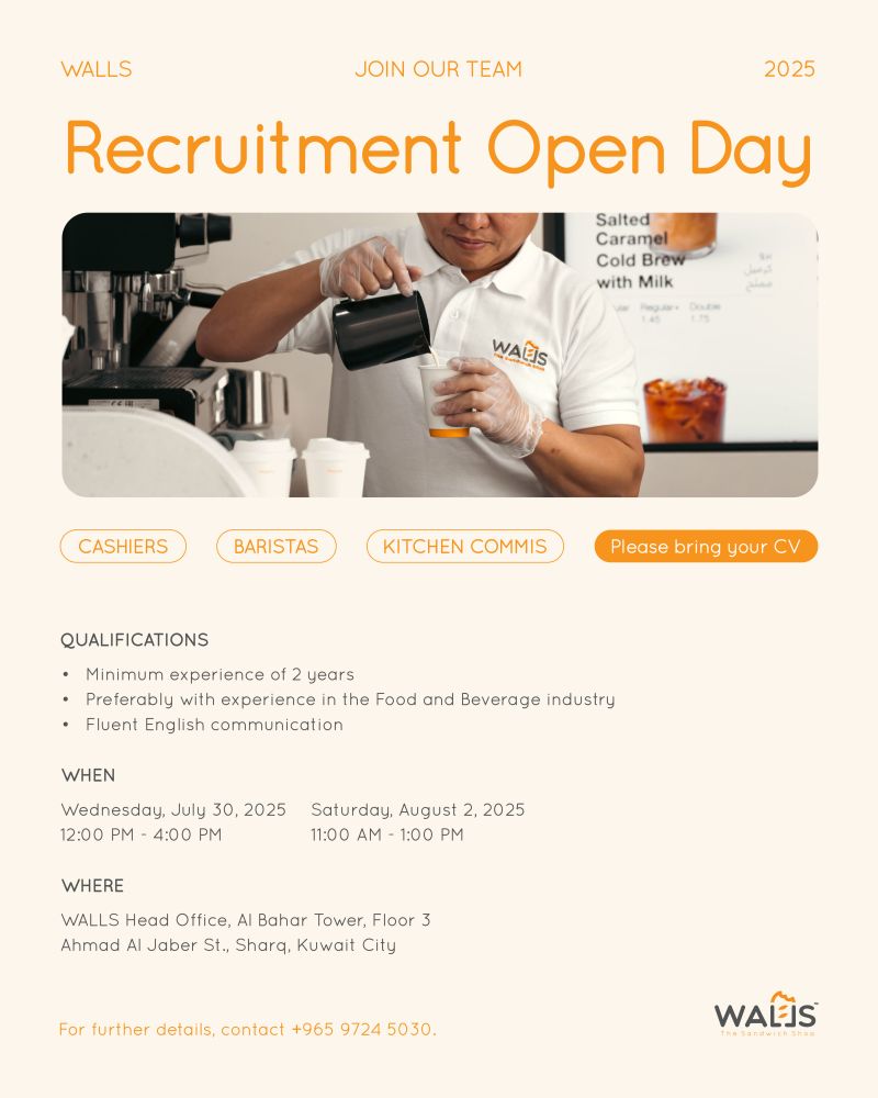 ๐ Remarkable WALLS Barista, Cashier & Kitchen Commis Vacancy Kuwait โ Interview on 2nd August 2025